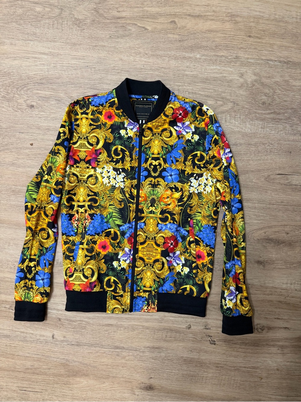 Denim & Flower Ricky Singh Bomber Jacket Mens MED Black Baroque Floral Zip Front